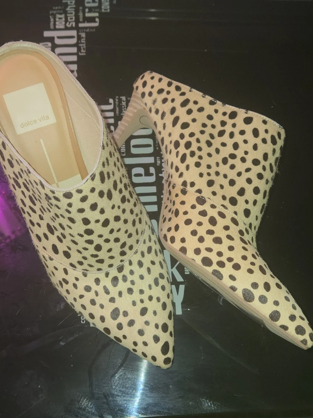NWOT-Dolce Vita Leopard-Print Pointed-Toe Mules in Tan and Black - 8